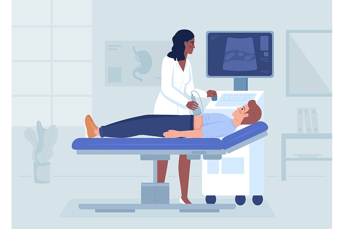 Doctor and patients in hospital flat color vector illustrations set