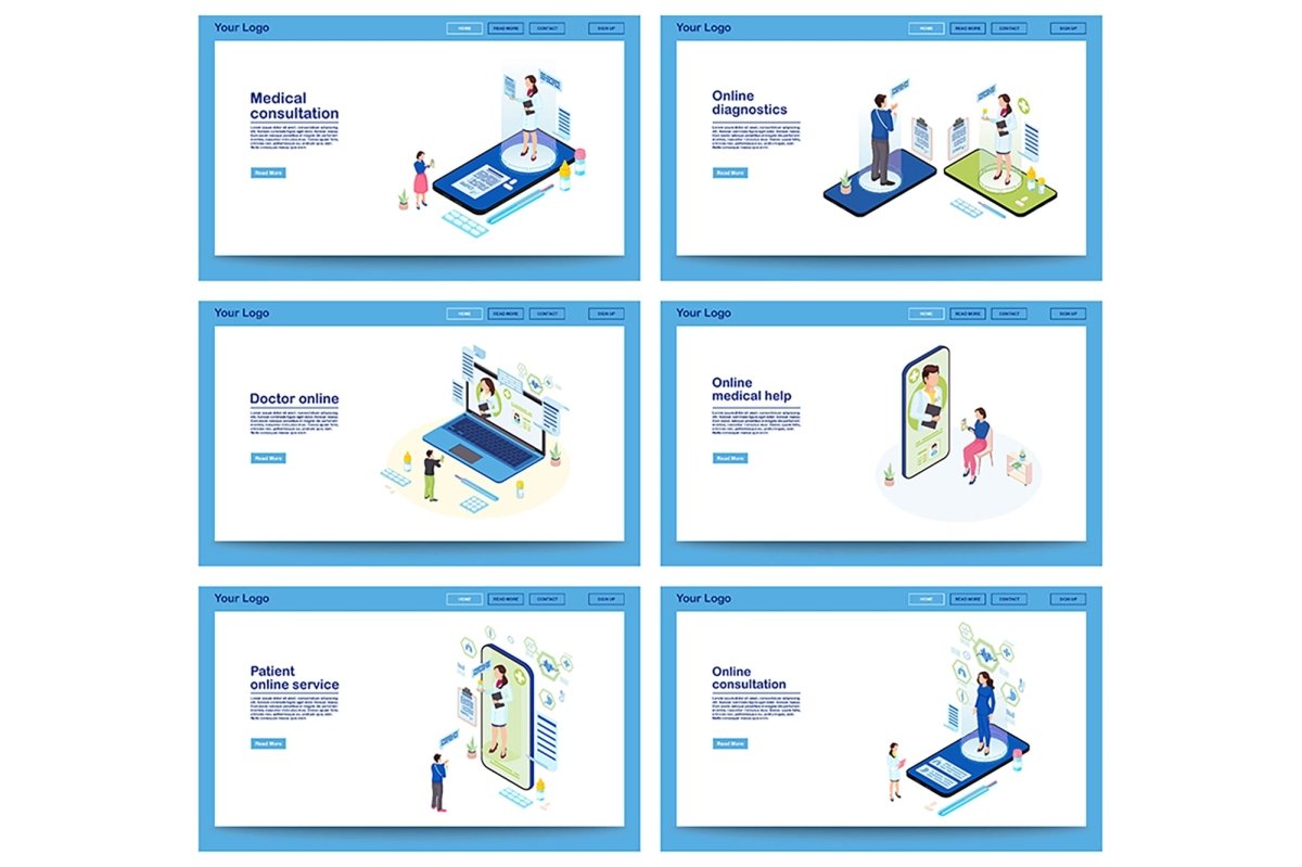 Doctor online service isometric landing page template