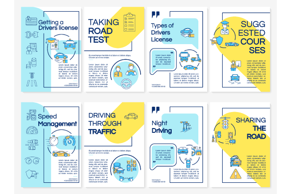 Driving courses types yellow and blue brochure templates bundle