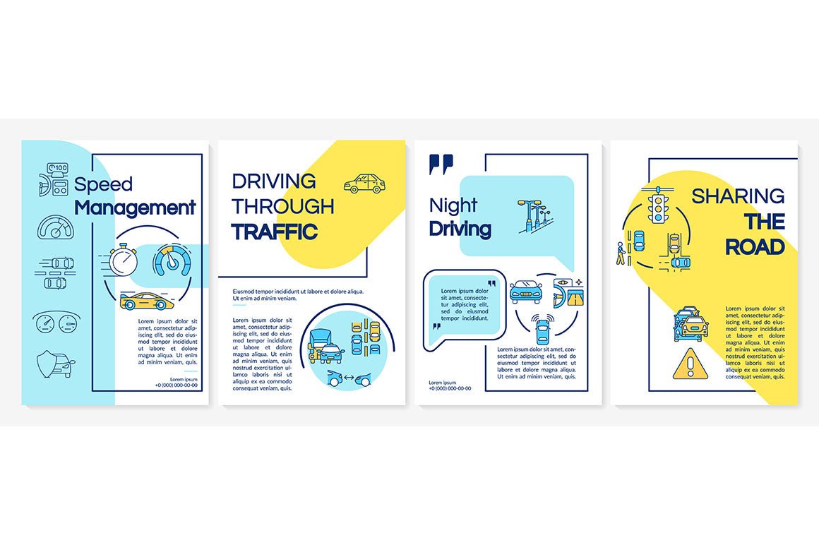 Driving courses types yellow and blue brochure templates bundle
