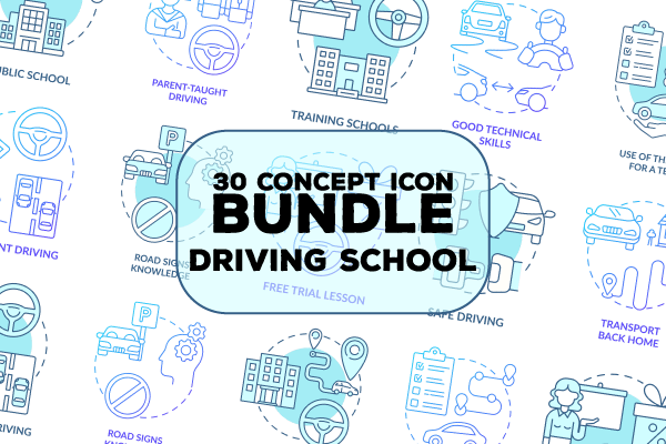 Driving school concept icons bundle
