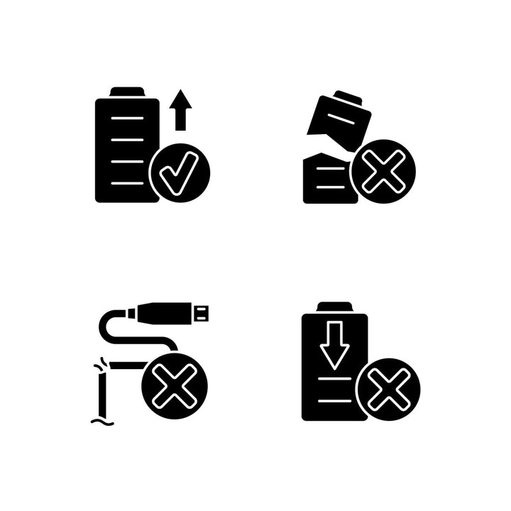 Drone usage black glyph manual label icons set on white space