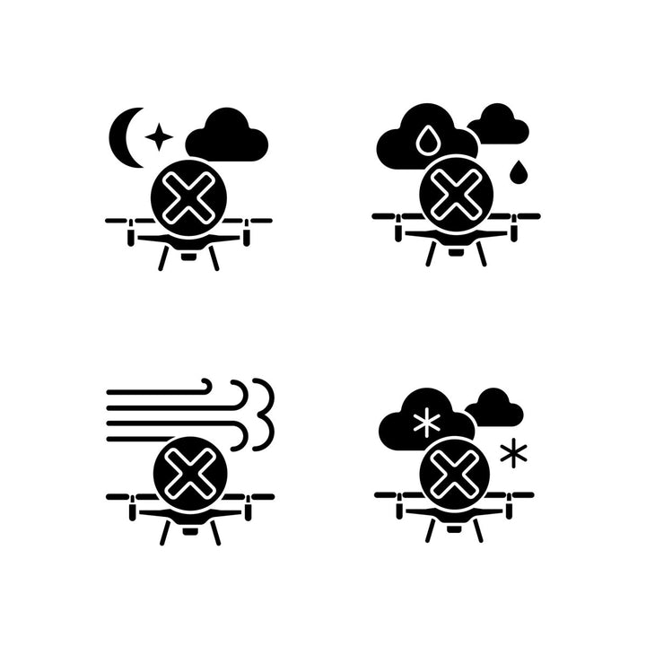 Drone usage black glyph manual label icons set on white space