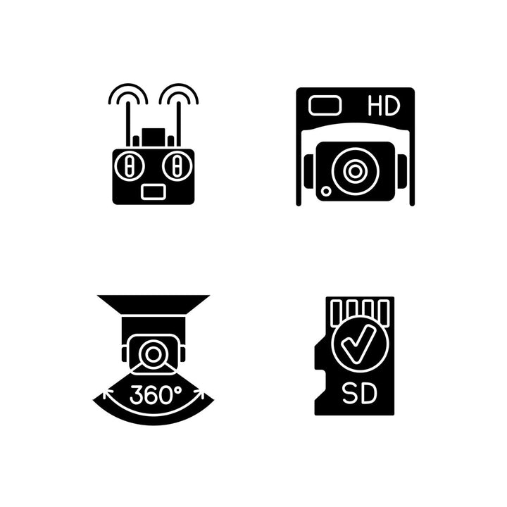 Drone usage black glyph manual label icons set on white space