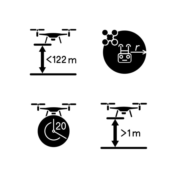 Drone usage black glyph manual label icons set on white space
