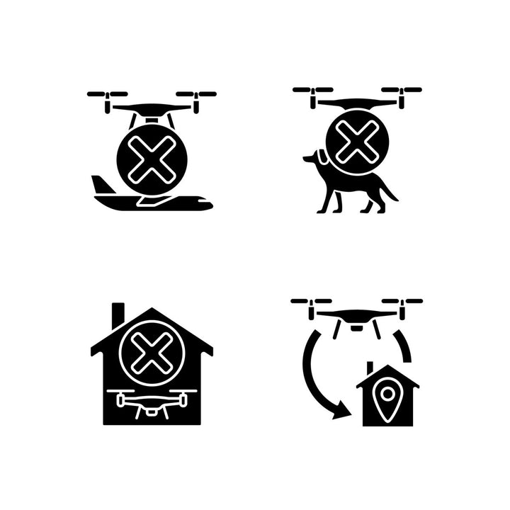 Drone usage black glyph manual label icons set on white space