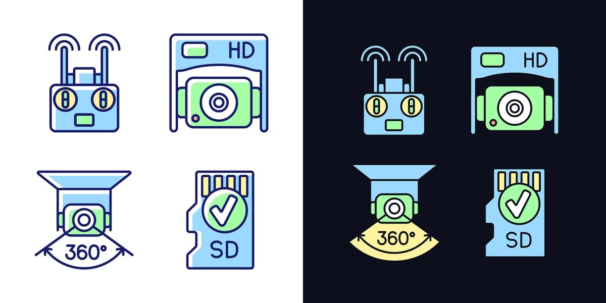 Drone usage light and dark theme RGB color manual label icons set