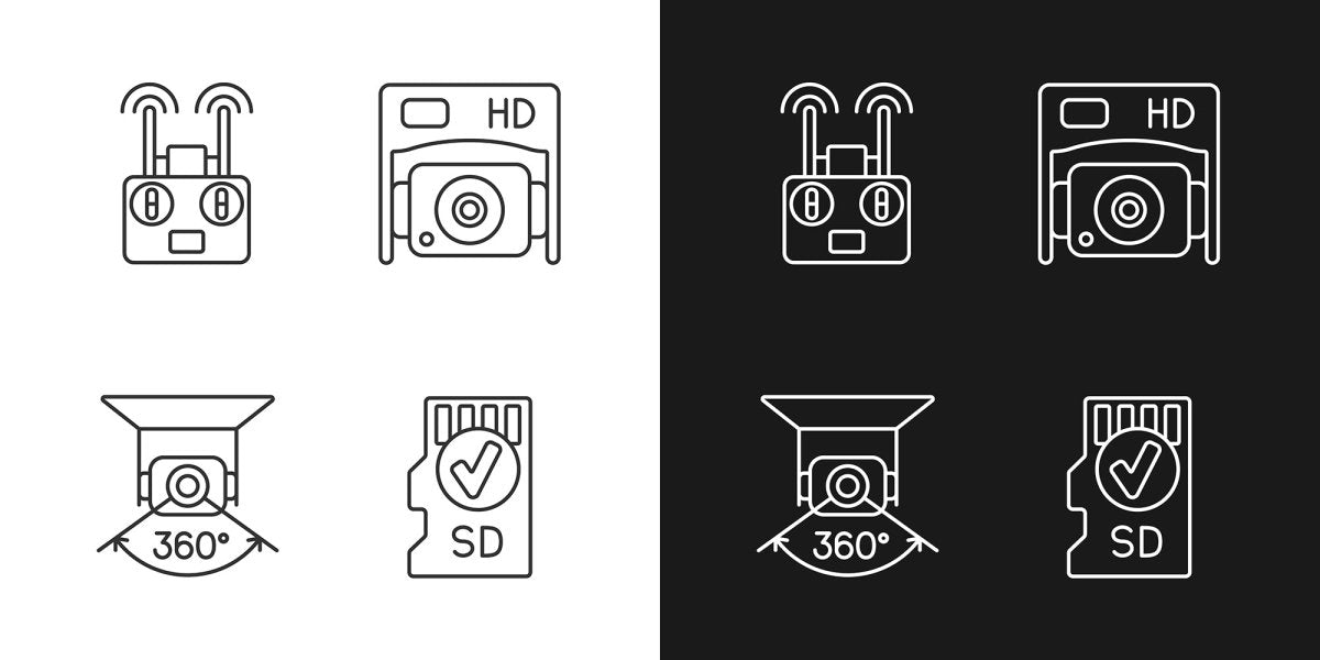 Drone usage linear manual label icons set for dark and light mode