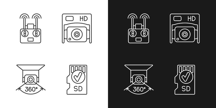 Drone usage linear manual label icons set for dark and light mode