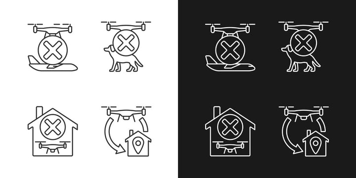 Drone usage linear manual label icons set for dark and light mode