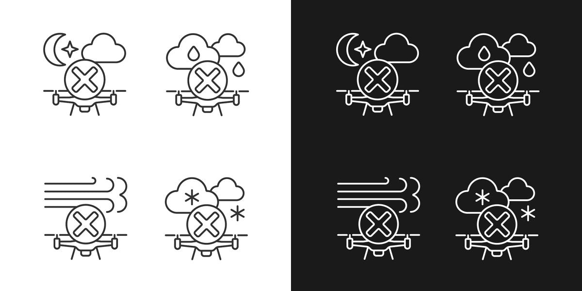 Drone usage linear manual label icons set for dark and light mode