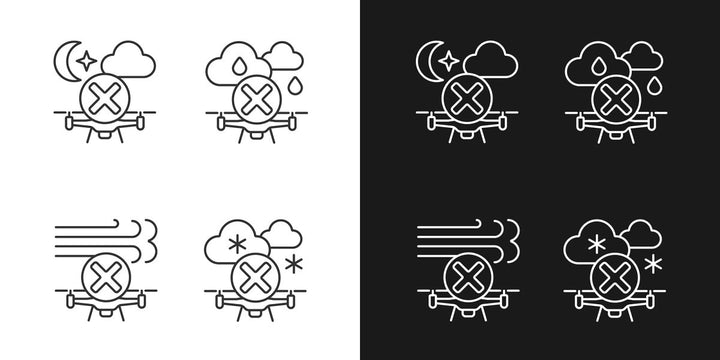 Drone usage linear manual label icons set for dark and light mode