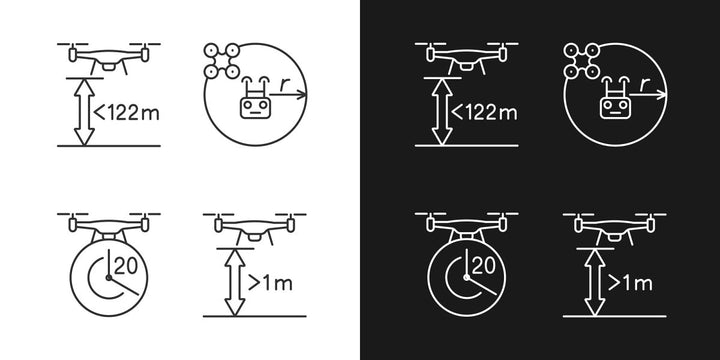 Drone usage linear manual label icons set for dark and light mode