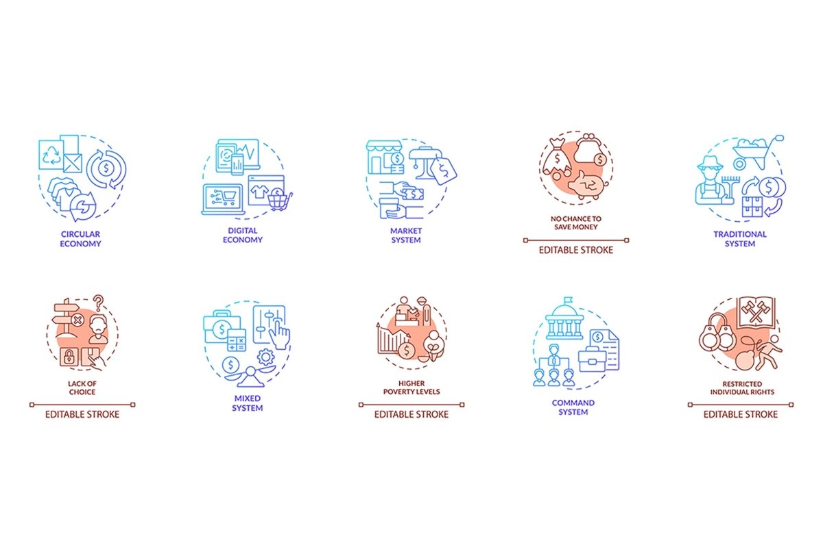 Economic systems turquoise concept icons bundle