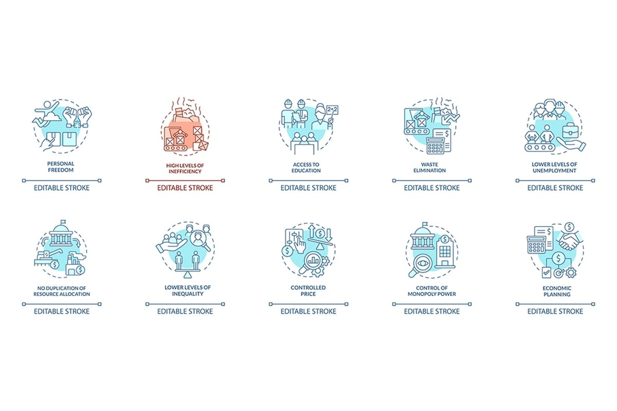 Economic systems turquoise concept icons bundle