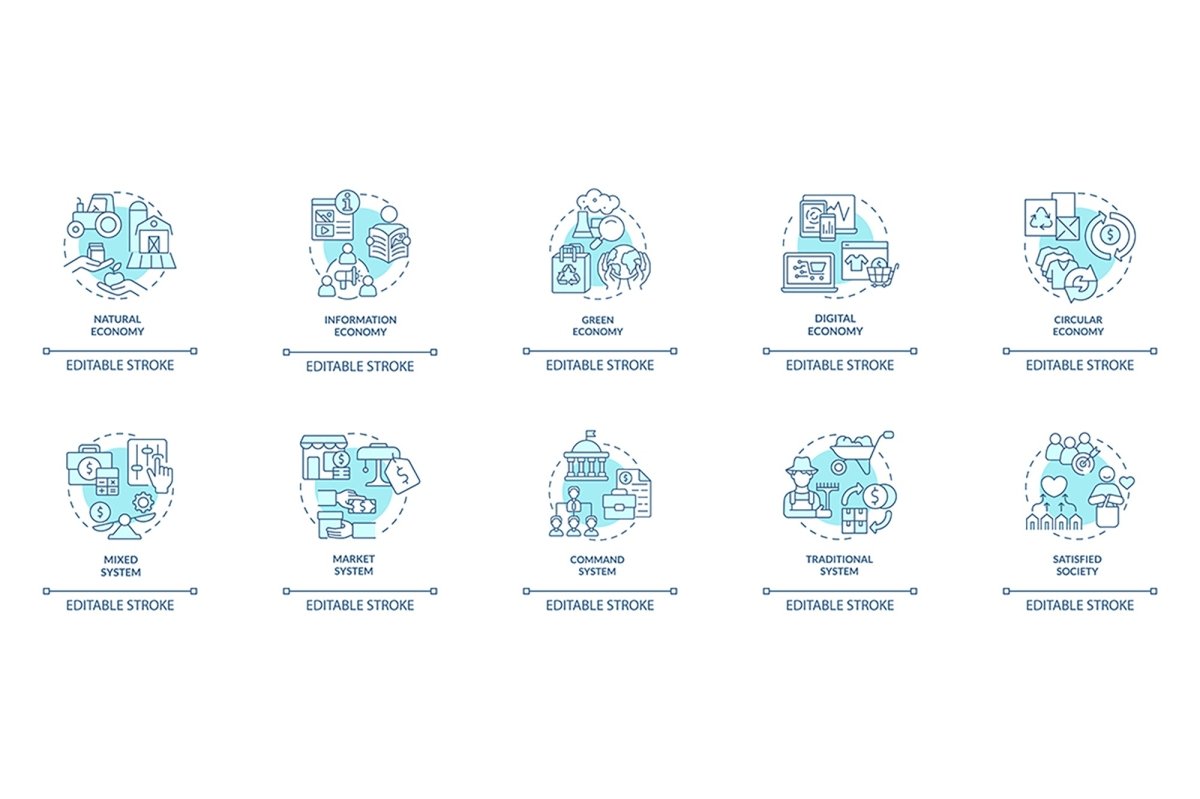 Economic systems turquoise concept icons bundle