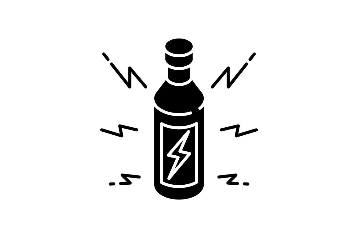 Energy drinks and caffeine black glyph icons set on white space
