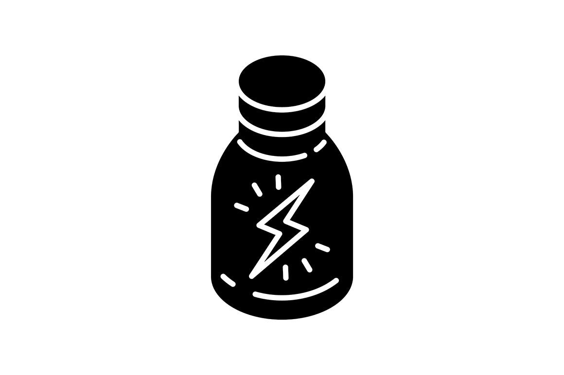Energy drinks and caffeine black glyph icons set on white space