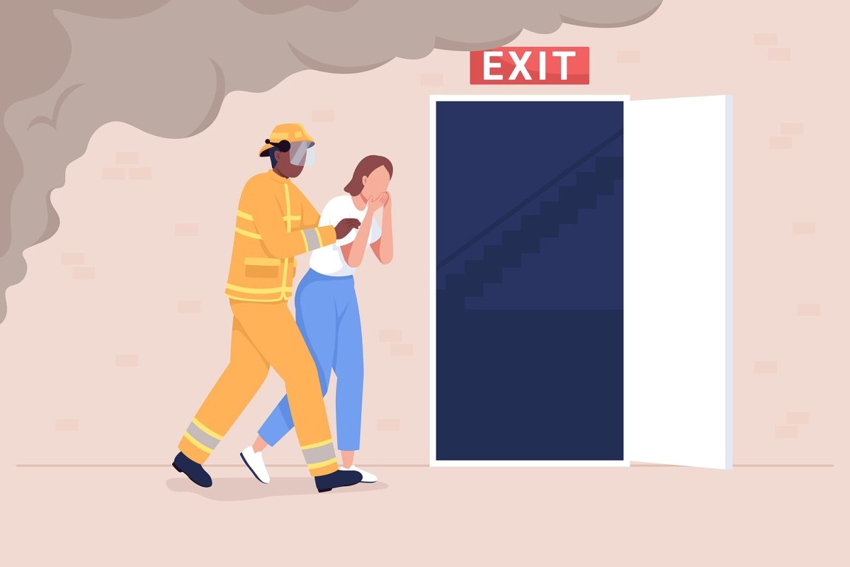 Evacuation from building color vector illustrations set