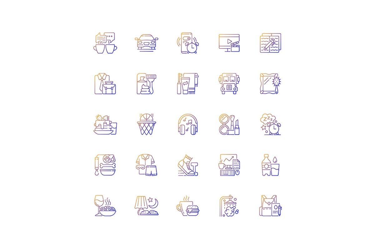 Everyday routine gradient linear vector icons set