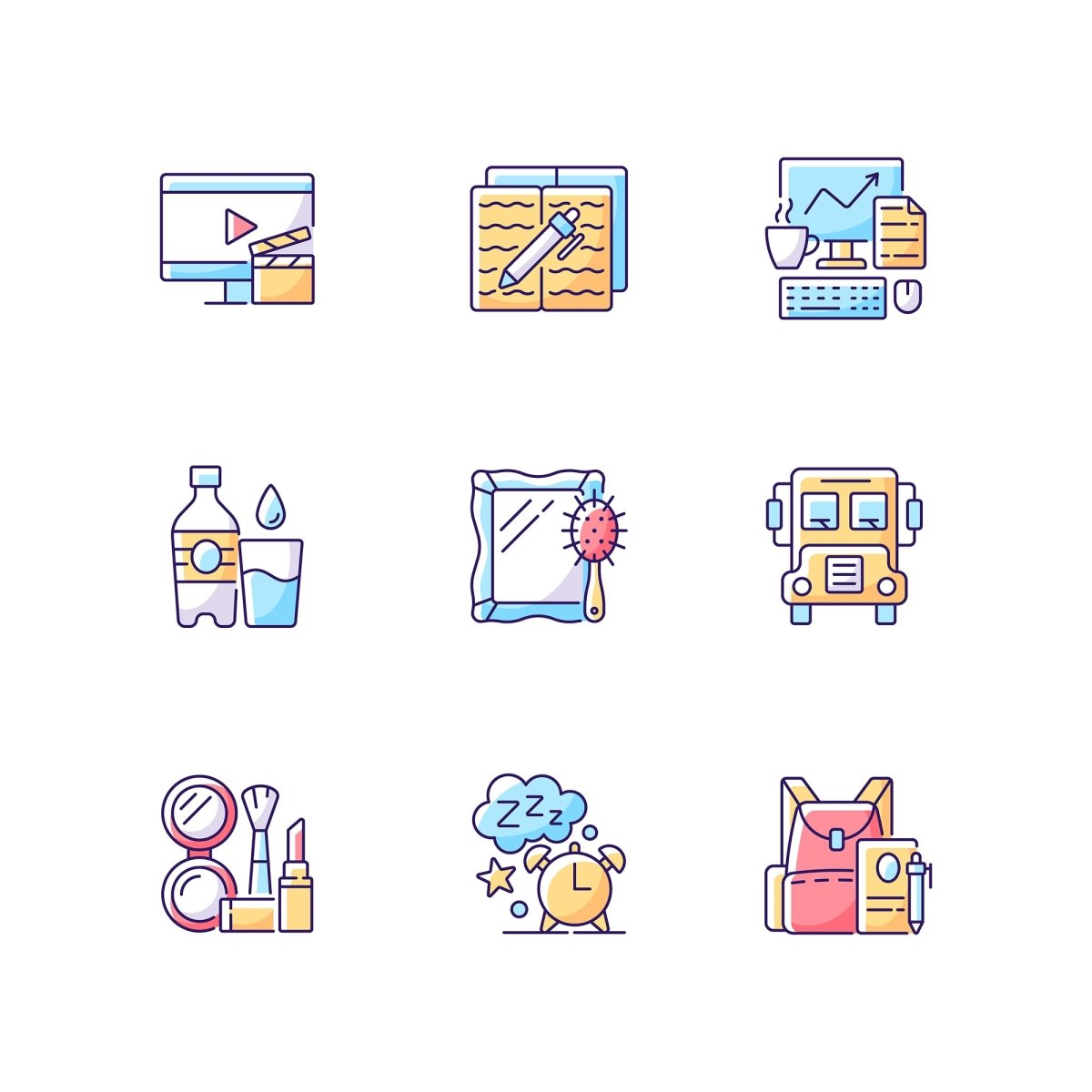 Everyday routine RGB color icons set