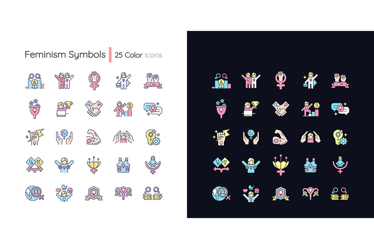 Feminism symbols light and dark theme RGB color icons set