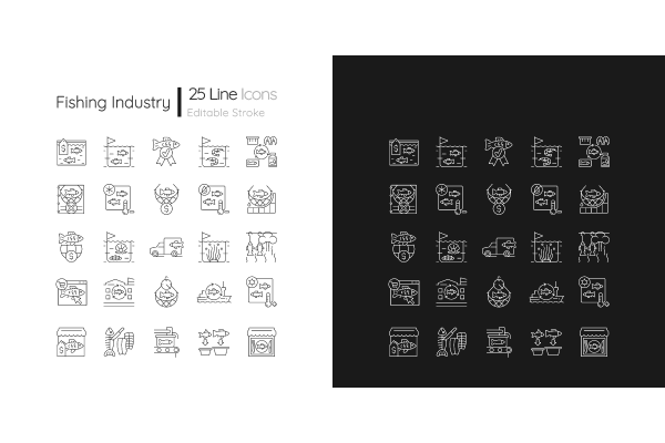 Fishing industry linear icons set for dark and light mode