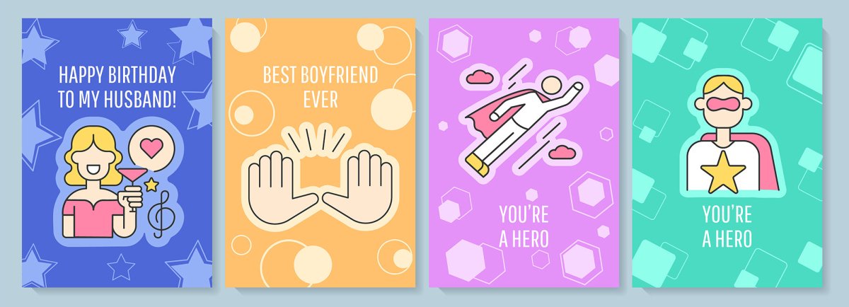 For him greeting card with color icon element set