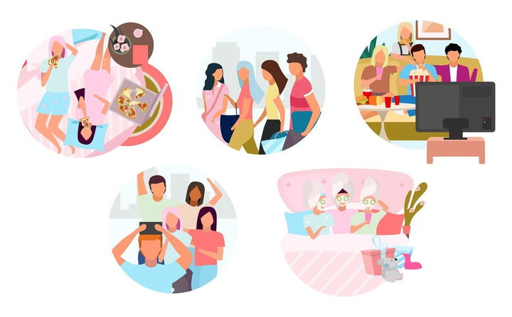 Friends pastime together flat concept icons set