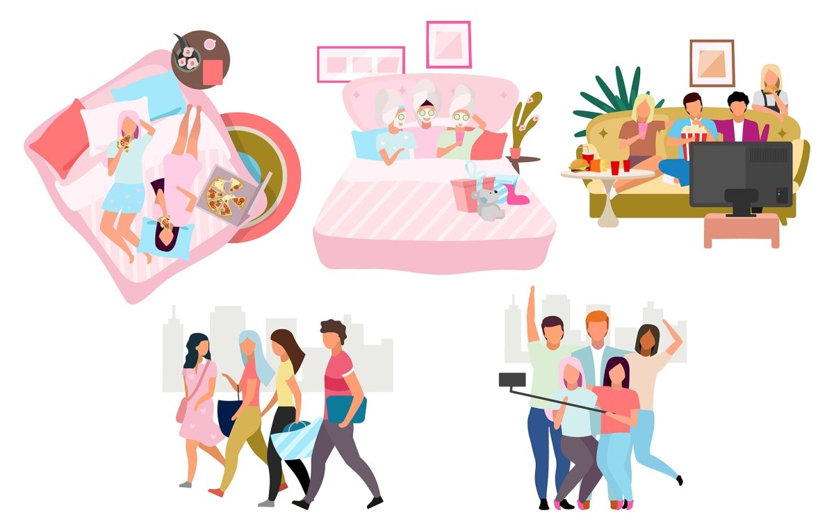 Friends together flat vector illustration set