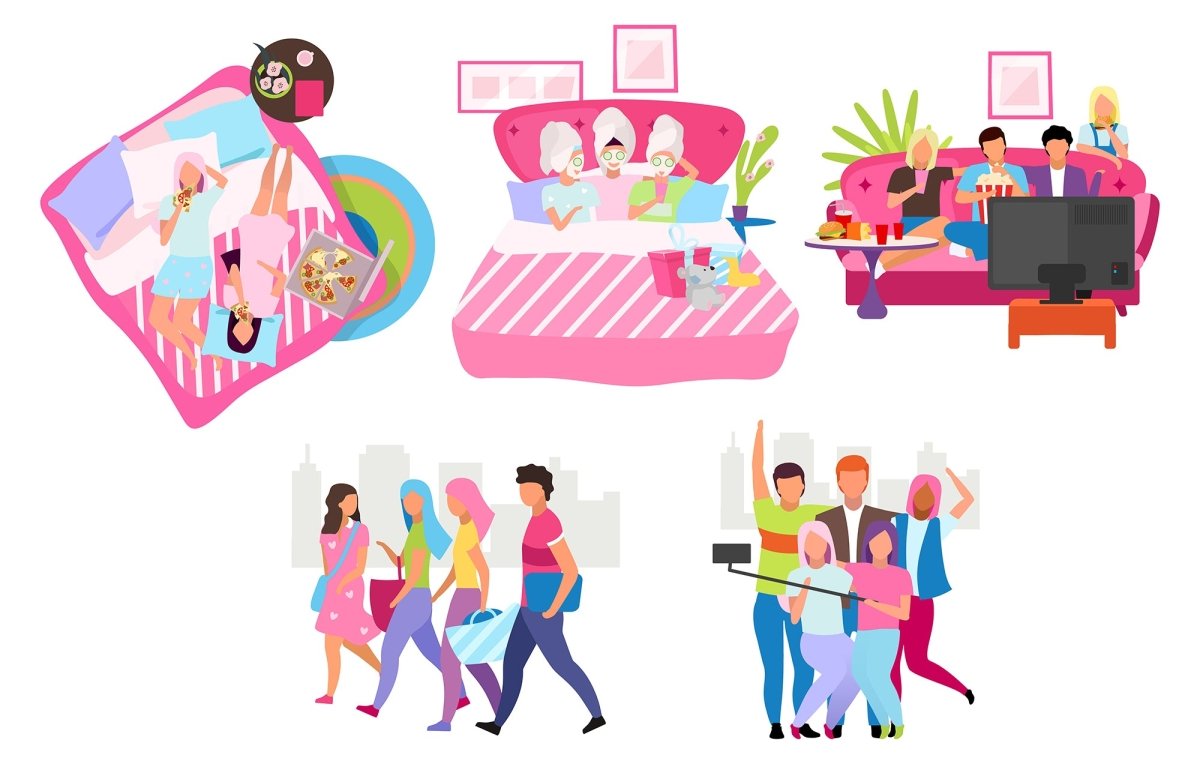 Friends together flat vector illustration set