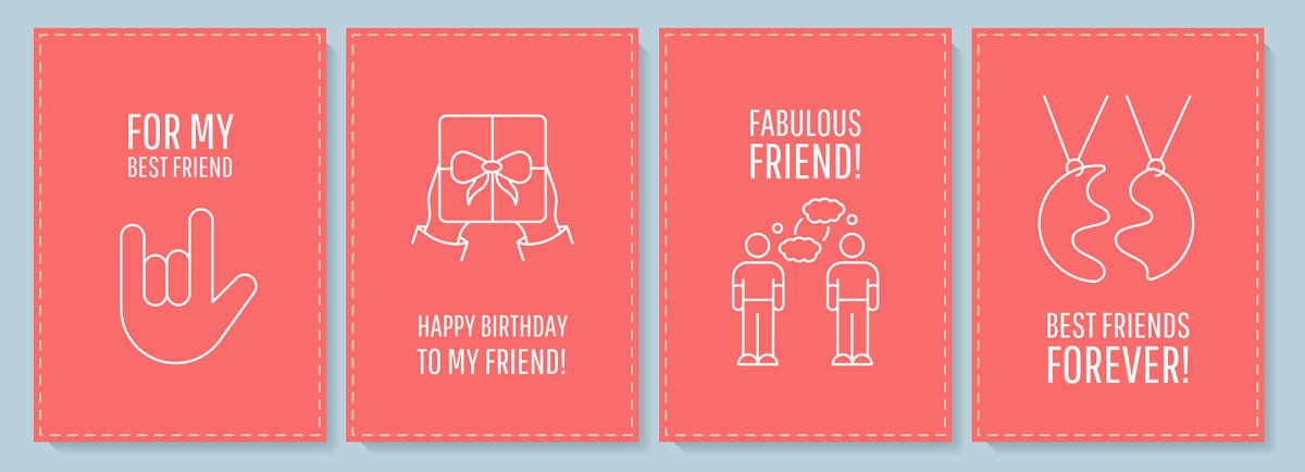 Friendship postcard with linear glyph icon set