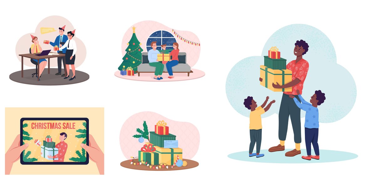 Giving gifts to kids vector isolated illustration set