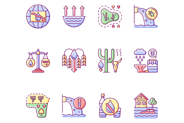 Global water crisis RGB color icons set