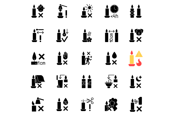 Handmade candles label black glyph manual label icons set on white space