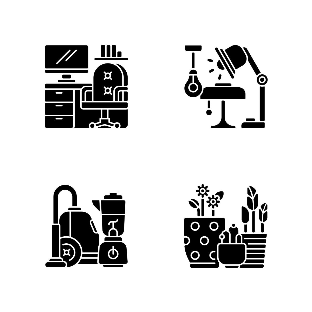 Home and living black glyph icons set on white space