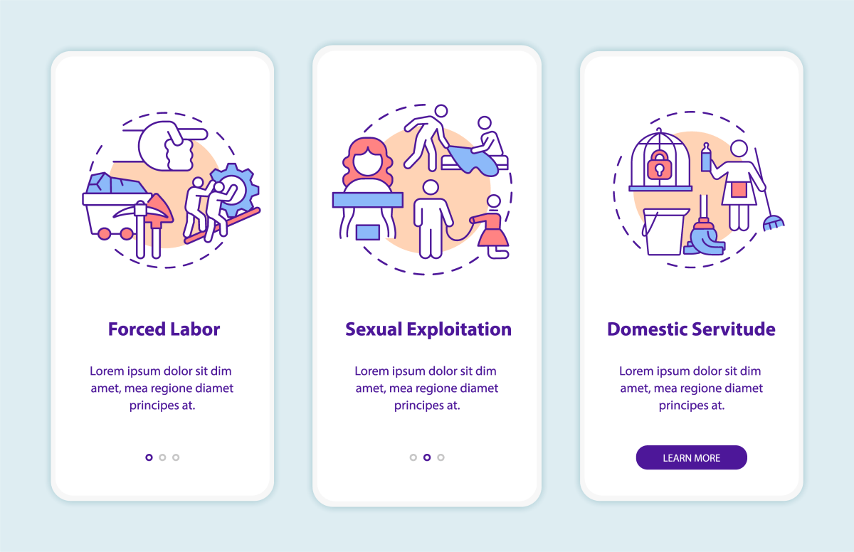 Human trafficking related onboarding mobile app page screen bundle