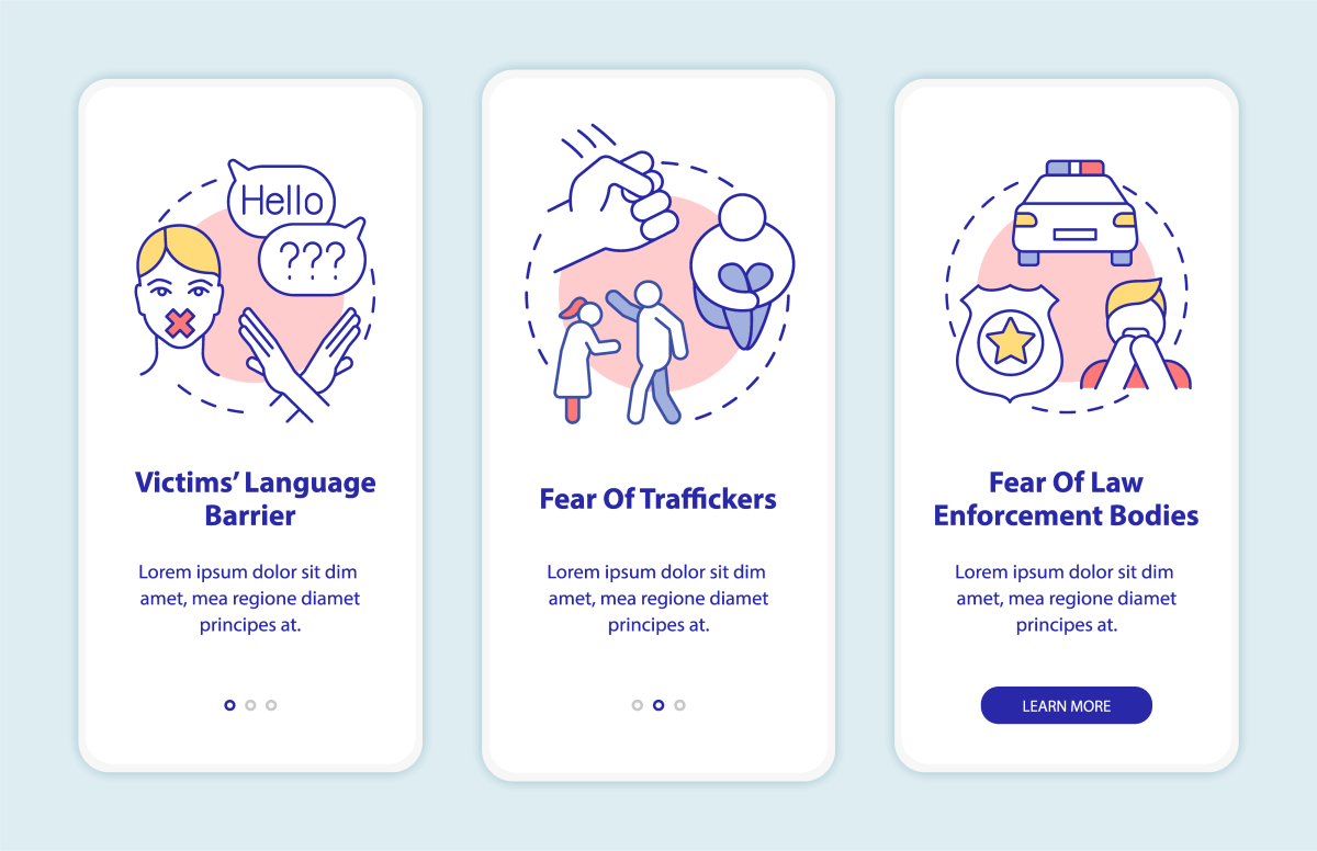Human trafficking related onboarding mobile app page screen bundle