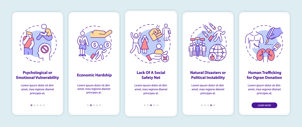 Human trafficking related onboarding mobile app page screen bundle