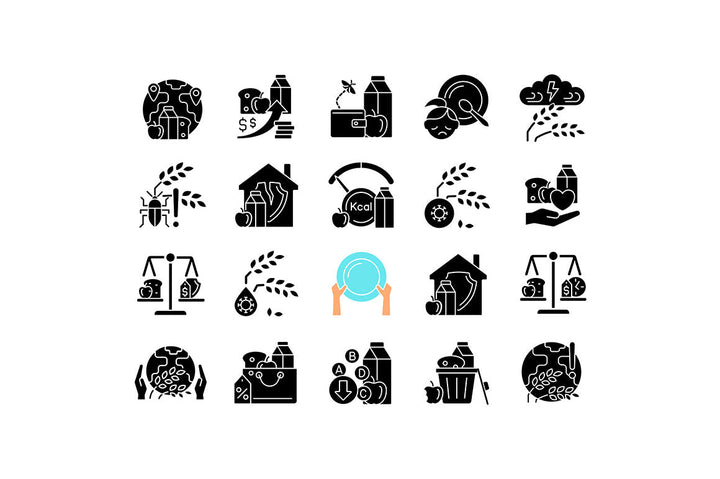 Hunger and food security black glyph icons set on white space