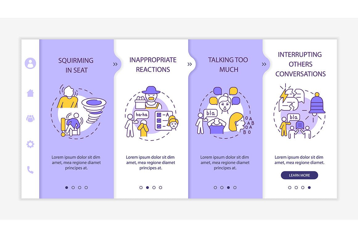 Hyperactive impulsive ADHD signs onboarding vector templates bundle