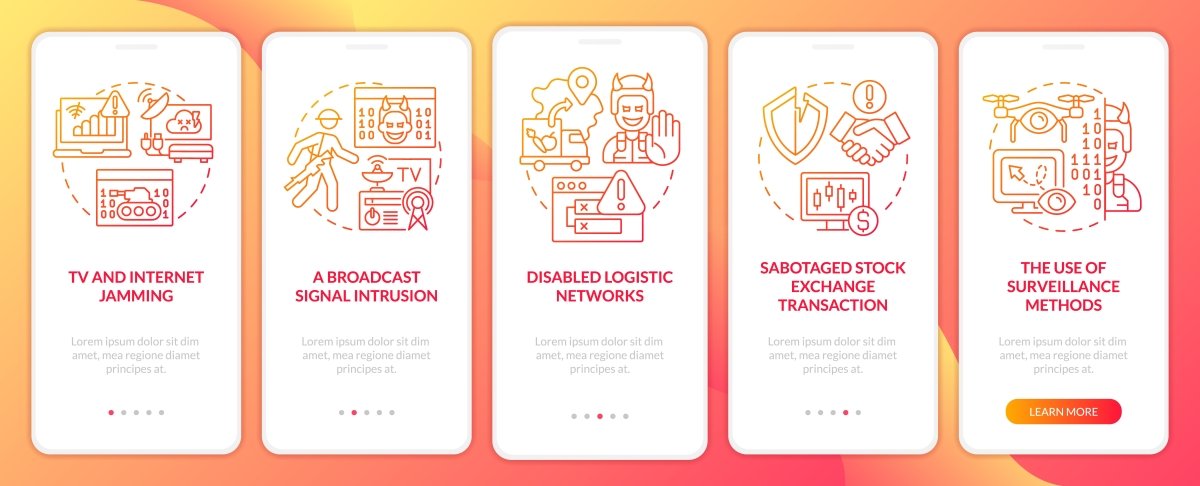 Information warfare red gradient onboarding mobile app screen set