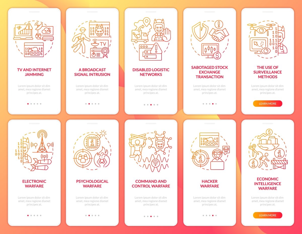 Information warfare red gradient onboarding mobile app screen set