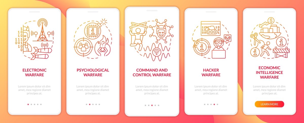 Information warfare red gradient onboarding mobile app screen set