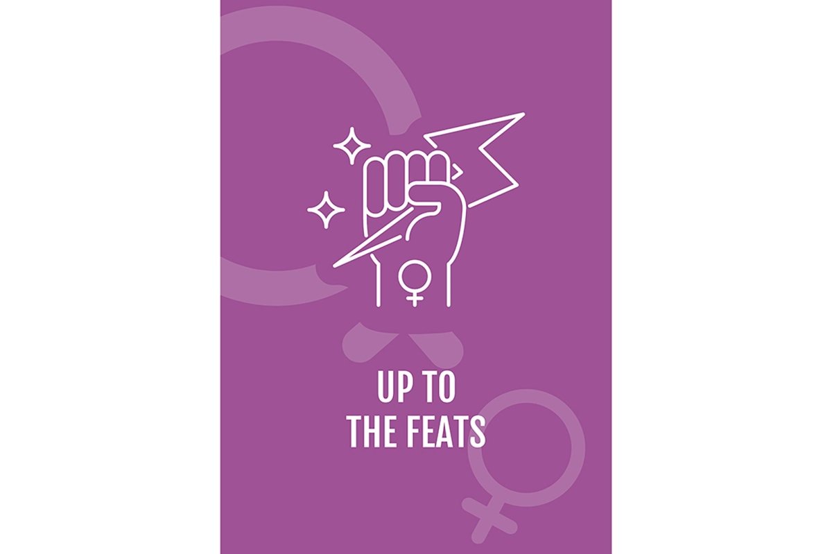 International women day postcard with linear glyph icon set