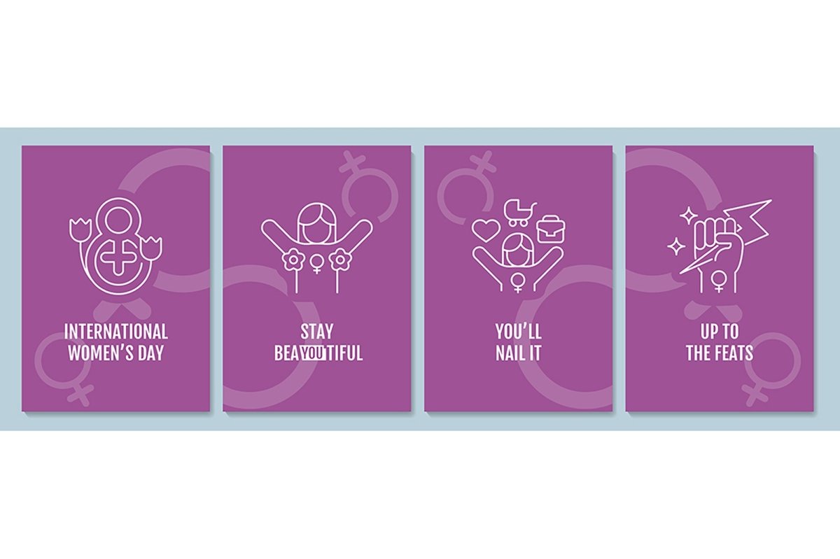 International women day postcard with linear glyph icon set