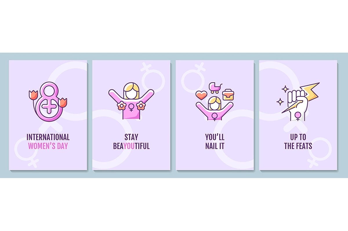 International women day purple greeting card with color icon element set