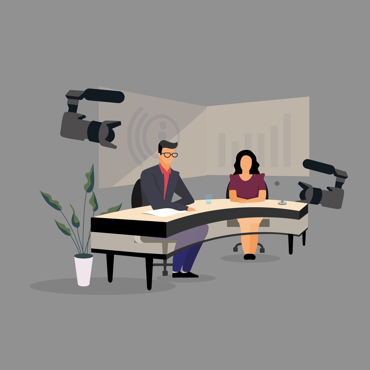Journalist interviewing flat illustration set