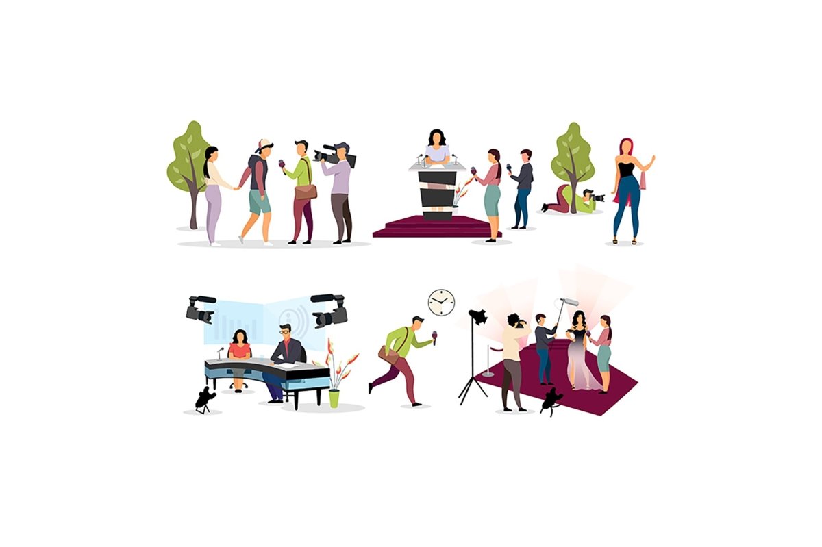 Journalist interviewing flat vector illustration set