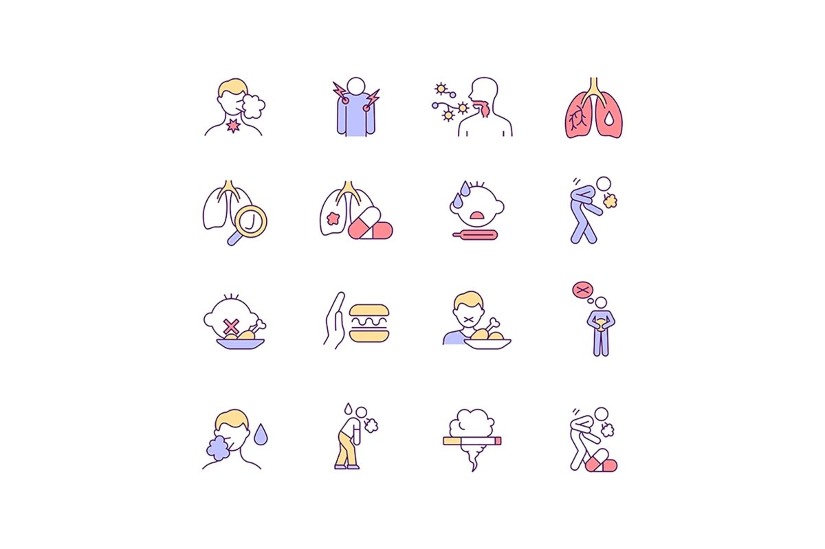 Lung infection symptoms RGB color icons set